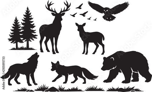 Photography Forest Wildlife Silhouette Set with Deer, Wolf, Bear, Fox, Owl, Birds, and Pine