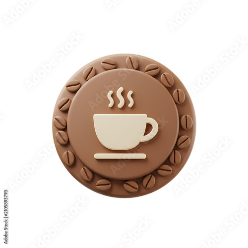 Glossy three dimensional circular icon featuring a steaming hot white coffee cup surrounded by beans