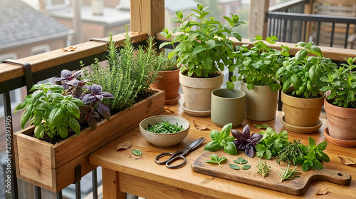 Balcony garden with fresh potted herbs and kitchen utensils for cooking.
