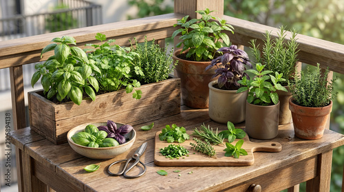 Balcony garden with fresh potted herbs and kitchen utensils for cooking.