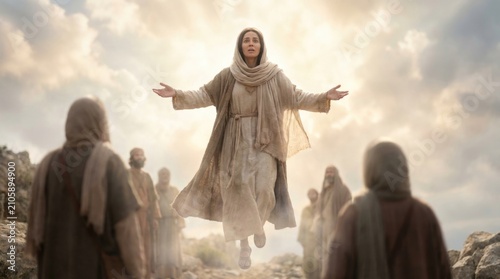 Floating blessed mother: divine Mary, solemn Assumption, watch disciple, golden cloud, glorious heaven, spiritual wonder, reach sky, bright light, amaze witness.