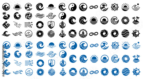 Ocean Wave Water Swirl Marine Line Icon Set with Sea Current Ripple Whirlpool and Nautical Symbols Vector