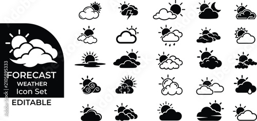Cuadro en lienzo Weather forecast icon set showing various cloud sun rain lightning patterns for climate app