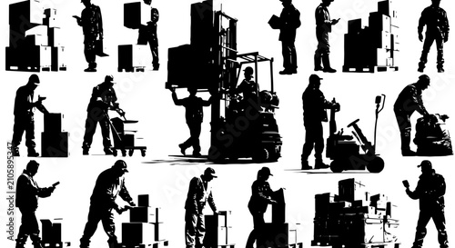 Photography Warehouse Workers Silhouettes, 25 Vector Icons Set: Forklift, Pallet Jack, Loadi