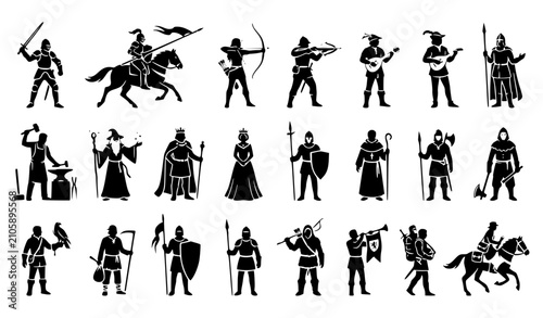 Photos Vintage Medieval Fantasy Character Silhouette Set with Knights Archers Bards Bla