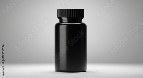 Black plastic supplement bottle with screw cap mockup on a neutral light gray studio background