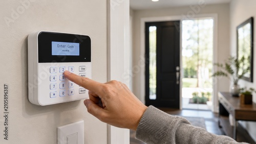 Hand entering a numeric code on a home security keypad mounted beside a front door in a modern entryway foyer