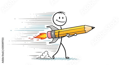 Happy stick figure carrying a rocket powered giant pencil
