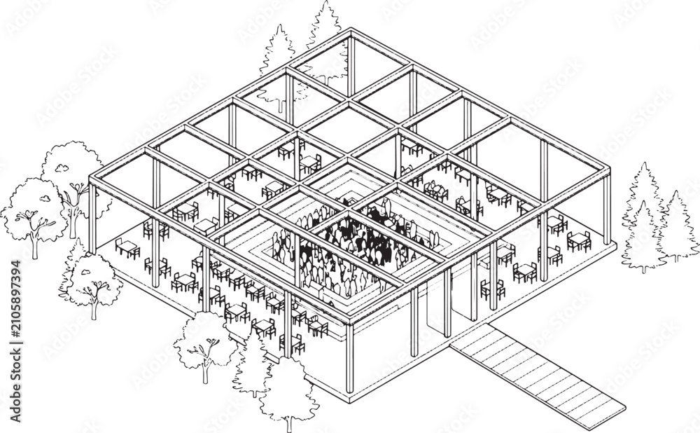 Fototapeta premium Isometric architectural sketch of an open air restaurant pavilion with dining tables and surrounding landscape trees