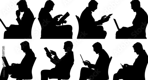 Silhouette Icons: Business Professionals Using Laptops and Smartphones, Sitting in Chairs, Vector Set for Digital Communication and Productivity Concepts