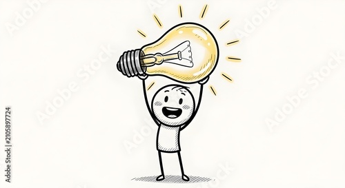 Happy stick figure lifting a glowing light bulb overhead