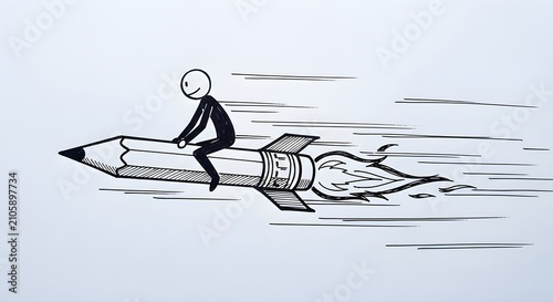 Stick figure riding a rocket powered pencil at high speed