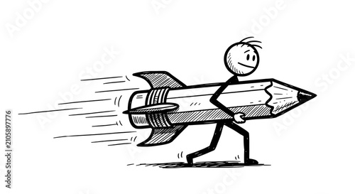 Stick figure carrying a rocket powered giant pencil