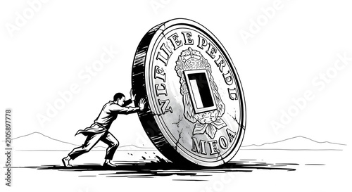 Person pushing a giant coin as financial effort concept