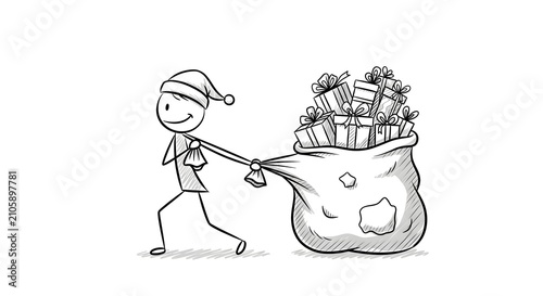 Stick figure in Santa hat pulling a sack full of gifts