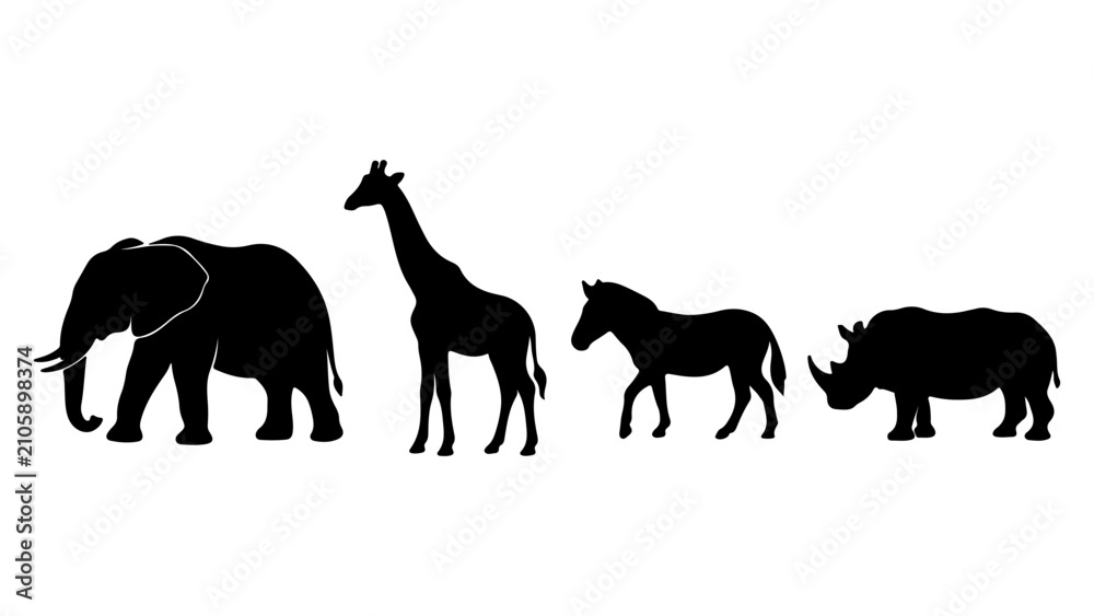 Obraz premium African Wildlife Silhouettes: Elephant, Giraffe, Zebra, Rhino, Safari Animals, Vector Icons for Nature and Zoo Themes
