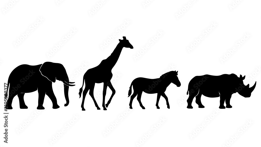 Obraz premium African Wildlife Silhouettes: Elephant, Giraffe, Zebra, Rhinoceros Collection, Safari Animals, Nature Icons, Vector Graphics