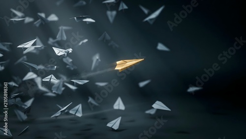Gold paper plane flying straight in scattered swarm – Perfect for unique strategy, competitive edge, or speed.