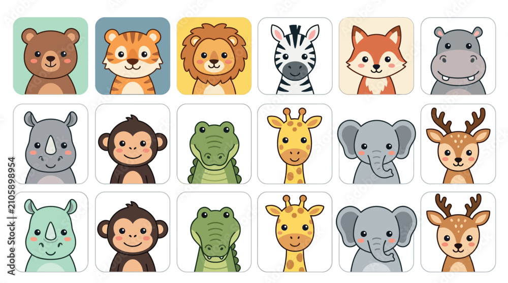 Fototapeta premium Colorful vector illustration set featuring cute wild animal portraits for children in a flat design
