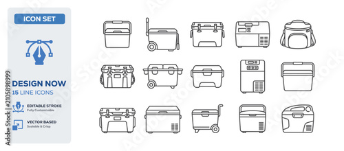 flat vector illustration line art icon bundle set design highlighting plastic cooler boxes summer camping containers cold food storages and portable ice boxes UI apps