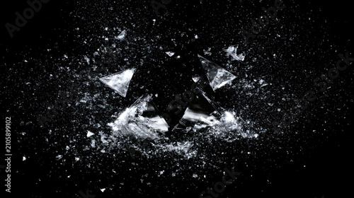 A shattered glass skull explodes into a thousand pieces in a dark space
