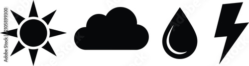 Tableau sur toile Weather icons set featuring sun, cloud, raindrop, and lightning bolt symbols for
