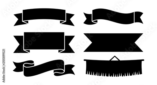 Set of Six Black Ribbon Banners, Vector Graphics for Design Elements, Decorative Labels, and Text Placeholders