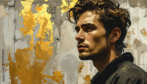 Stylish man portrait against textured gold wall backdrop