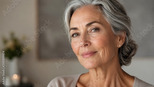 Close-up portrait of a confident mature woman with gray hair, soft smile, natural makeup and a neutral indoor background