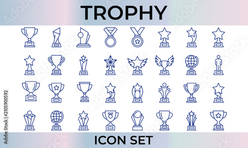 Trophy and award icon set. Collection of line art victory symbols and championship prizes.