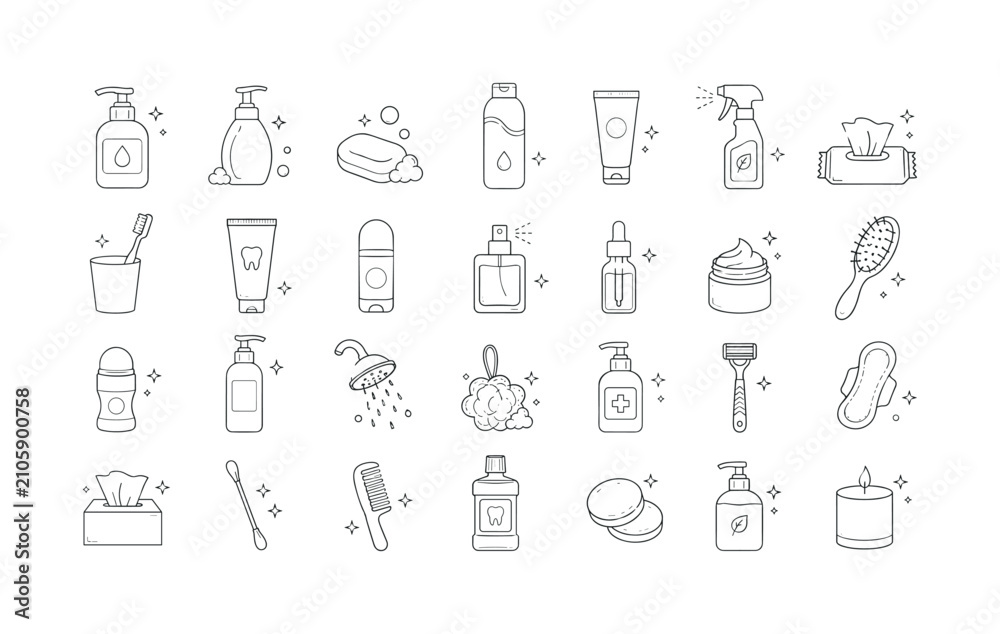 Fototapeta premium Hygiene and personal care outline icon set with bottles and sparkles, hygiene, icons, bottles, soap, cosmetics, spray, sparkle,