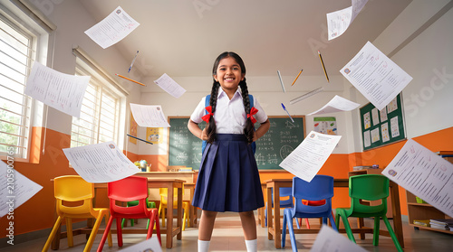 Confident Indian Schoolgirl Standing in Classroom with Flying Test Papers and Pencils