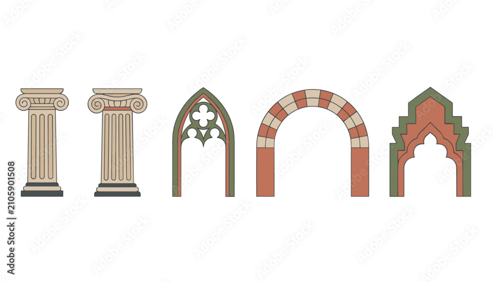 Fototapeta premium Set of classical architectural elements including columns and various historical arches