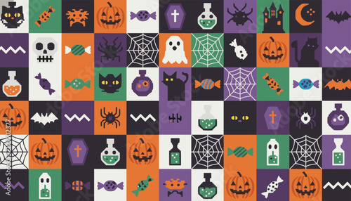 Pixel art seamless pattern with spooky halloween icons on a checkered retro grid background