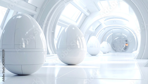 A bright, sterile, futuristic white corridor features a series of sleek, egg-shaped pods, suggesting advanced technology or scientific research within a clean, minimalist environment.