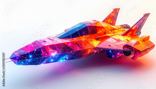 Futuristic low poly spaceship illustration in vibrant colors