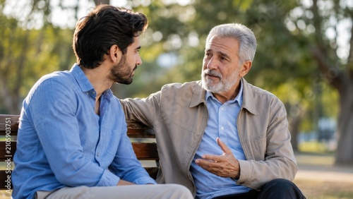 Older man and younger man having a heartfelt conversation on a park bench outdoors