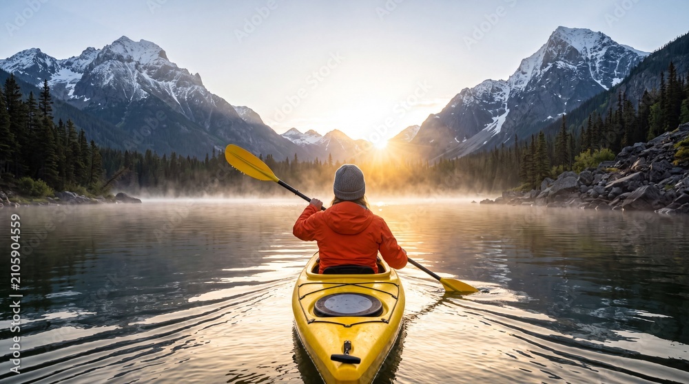 Obraz premium A person kayaking on a serene lake surrounded by snow-capped mountains at sunrise