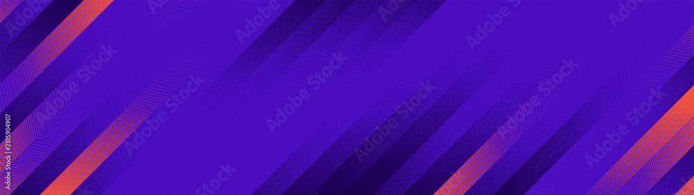 Naklejka premium Panoramic backdrop with fast optical transition of dense diagonal slashes, dynamic geometric texture with contrasting parallel linear strokes, halftone layout with dark purple and neon orange striped