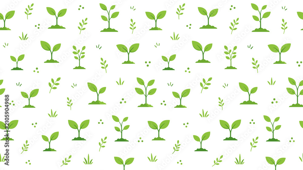 Fototapeta premium Green plant sprout pattern with repeated seedlings and small botanical growth marks, sprouts, plants, pattern, seedlings, green,