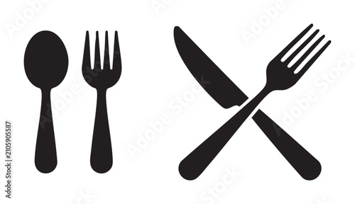 Bild auf Leinwand Set of two kitchen utensil icons featuring simple spoon fork and crossed knife and fork symbols