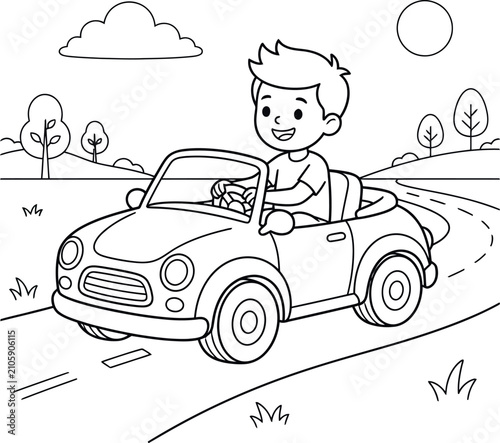 A happy young boy driving a cute convertible car along a winding road with trees and a bright sun in a fun cartoon coloring page style