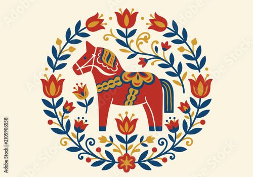 Obraz na plátně Folk art vector illustration of a traditional Dala horse standing inside a symme