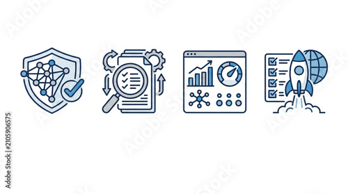 Set of four icons representing business analytics, security, and startup launch.