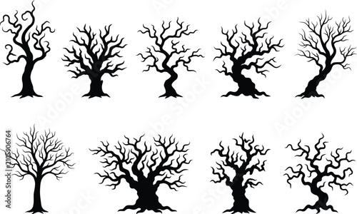 Tablou pe pânză Halloween bare trees in a row vector illustration with halloween