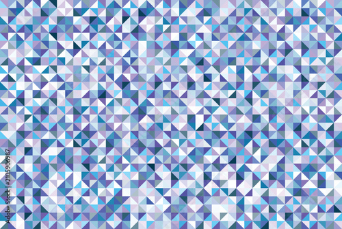Abstract vector background featuring a geometric pattern of small blue and purple triangles and squares on a white grid. Modern tech-style mosaic texture.