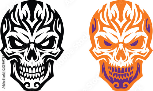 Tablou pe pânză Halloween skull with flames vector illustration, low spirited