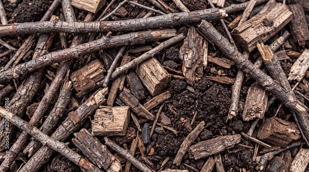 Fototapeta premium A pile of dry wood chips and twigs on the ground for gardening or composting purposes.
