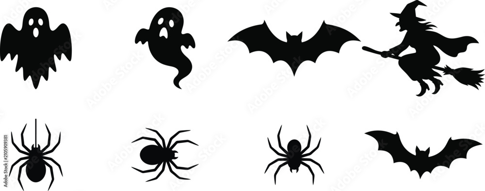 Fototapeta premium Halloween black silhouettes of ghosts bats spiders witch
