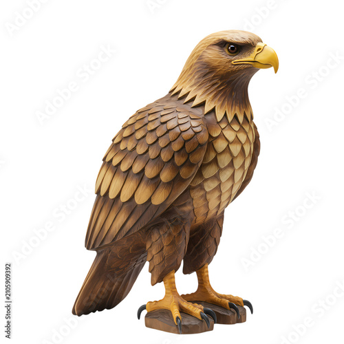 Detailed wooden carved eagle statue featuring intricate feather textures and a sharp yellow beak profile view